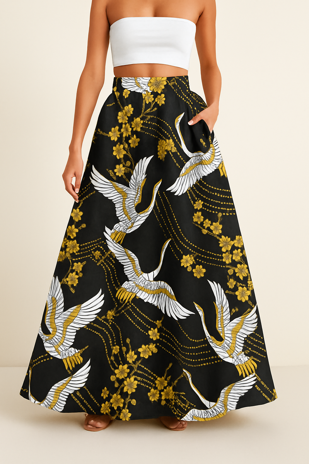 Bohemian Yellow Floral Skirt | Women's High Waist A-Line Skirt | Maxi