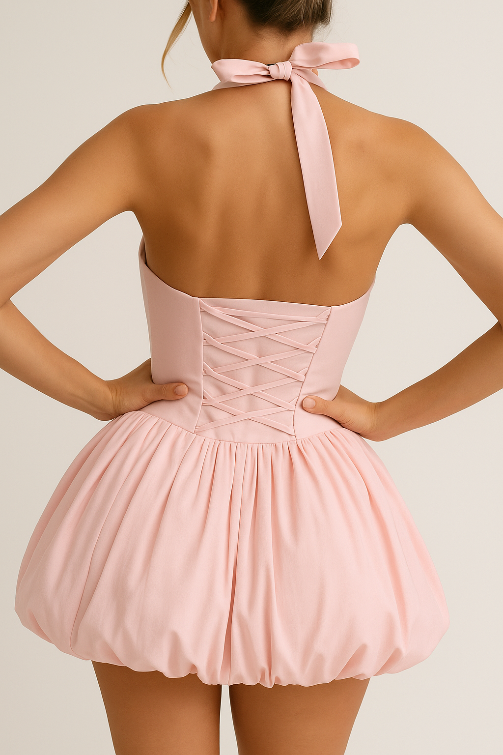 Pink Backless Halter | Women's Lace-up Off-Shoulder Party Dress | Mini