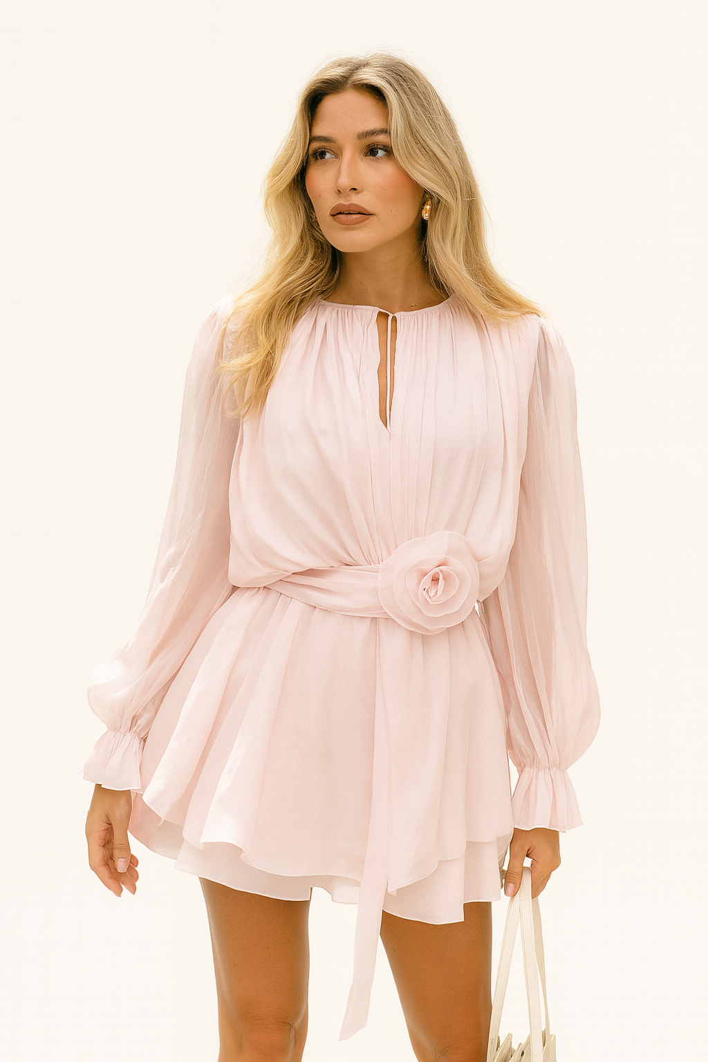 Sweet Pink Flower | Women's V-neck Flared Sleeve Summer Dress | Mini