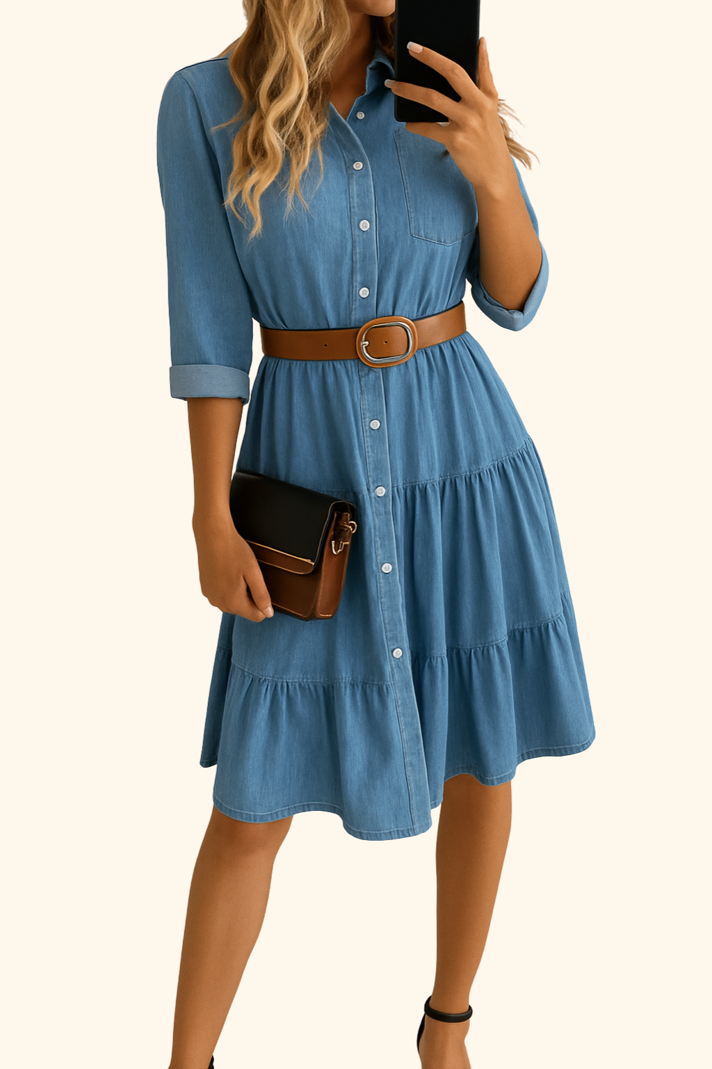 DenimEase | Women's Belted Ruffle Denim Summer Dress | Midi