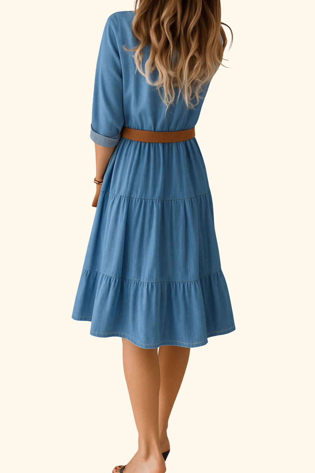 DenimEase | Women's Belted Ruffle Denim Summer Dress | Midi