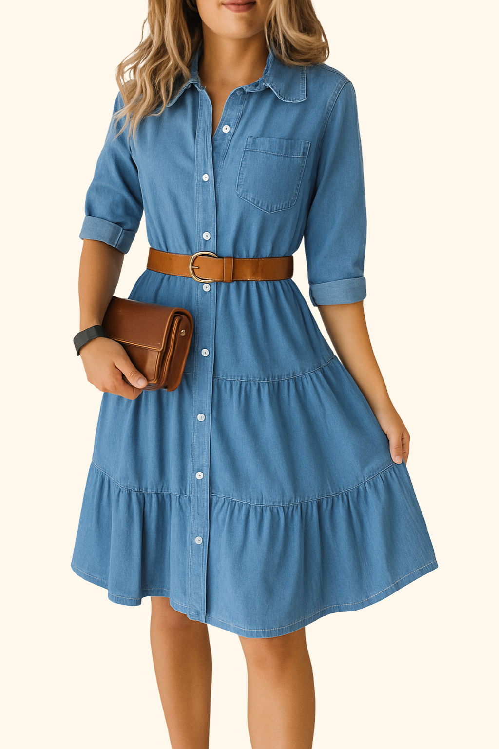 DenimEase | Women's Belted Ruffle Denim Summer Dress | Midi