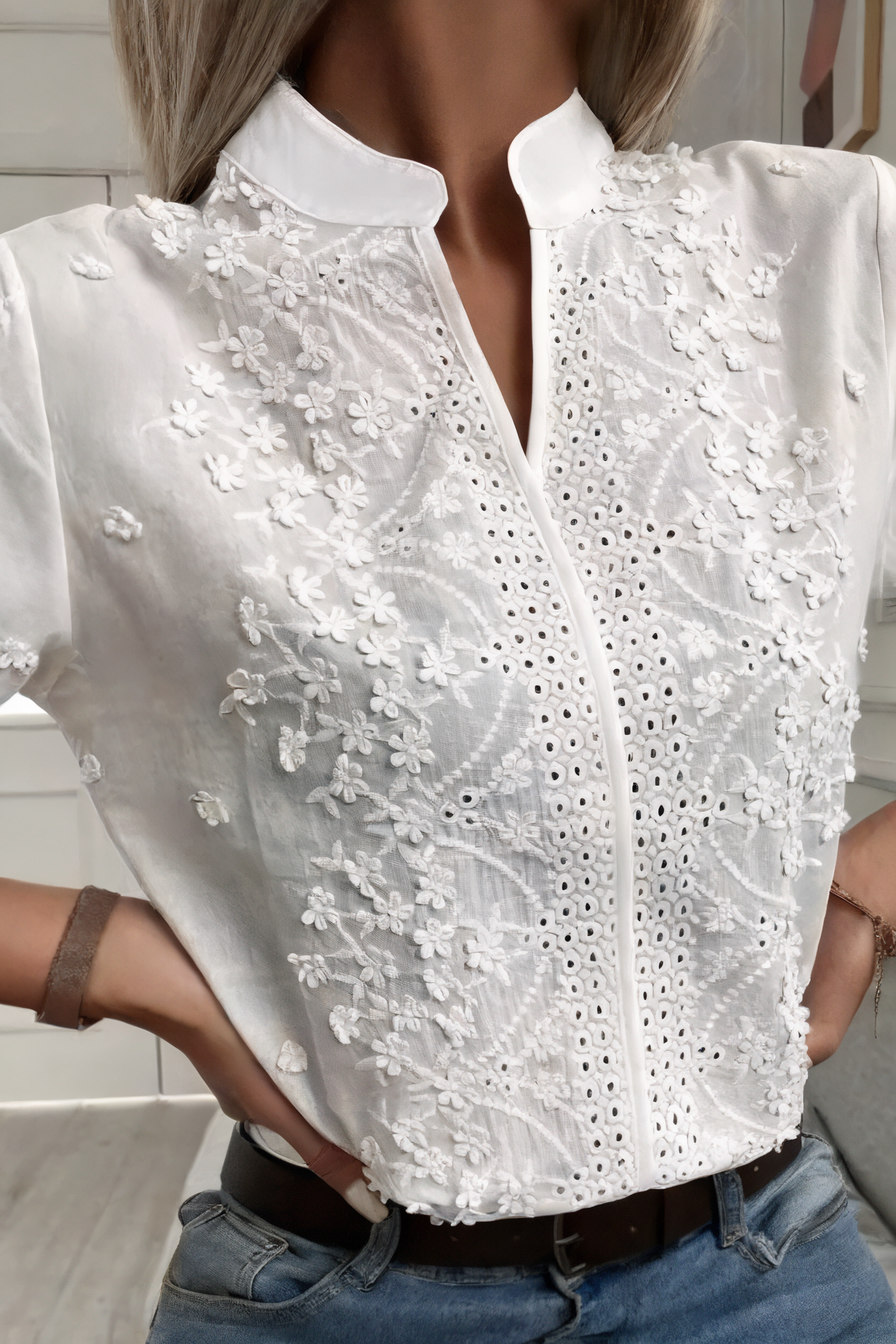 Aurevia | Women's Embroidered V-Neck Shirt | Lantern Sleeve