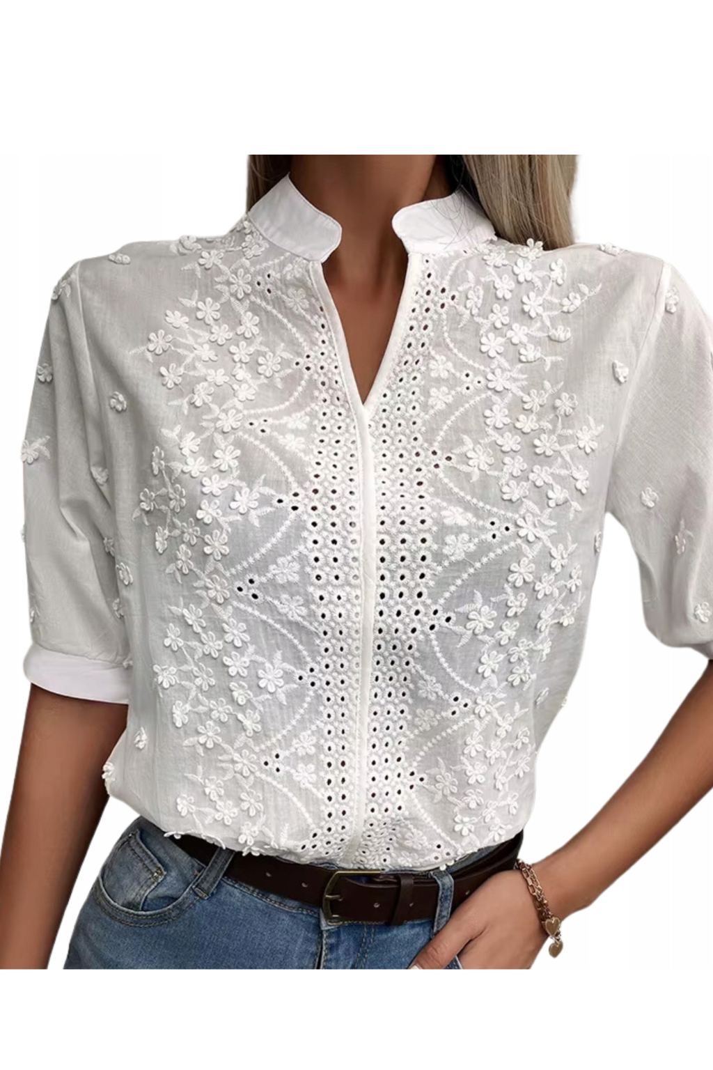 Aurevia | Women's Embroidered V-Neck Shirt | Lantern Sleeve