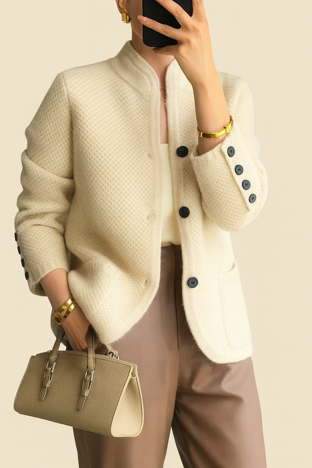 Beige Stand Collar | Women's Slim Fit Cardigan | Button Front Spring Style