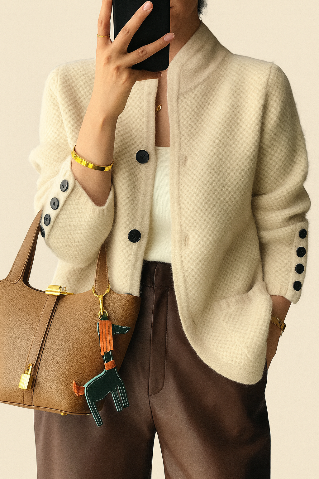 Beige Stand Collar | Women's Slim Fit Cardigan | Button Front Spring Style
