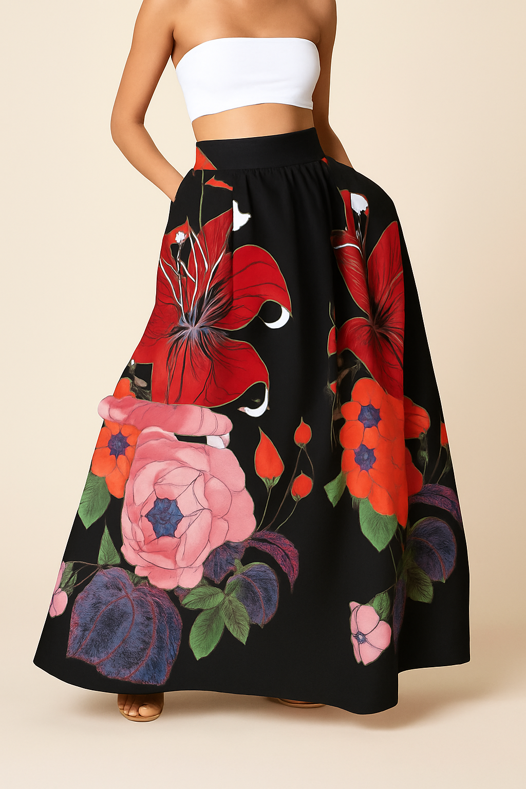 Bohemian Yellow Floral Skirt | Women's High Waist A-Line Skirt | Maxi