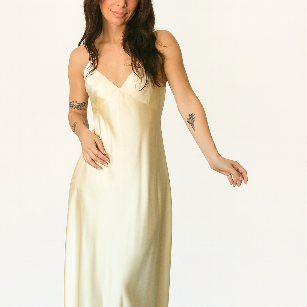 Yellow Satin V-Neck | Women's Backless Party Dress | Maxi