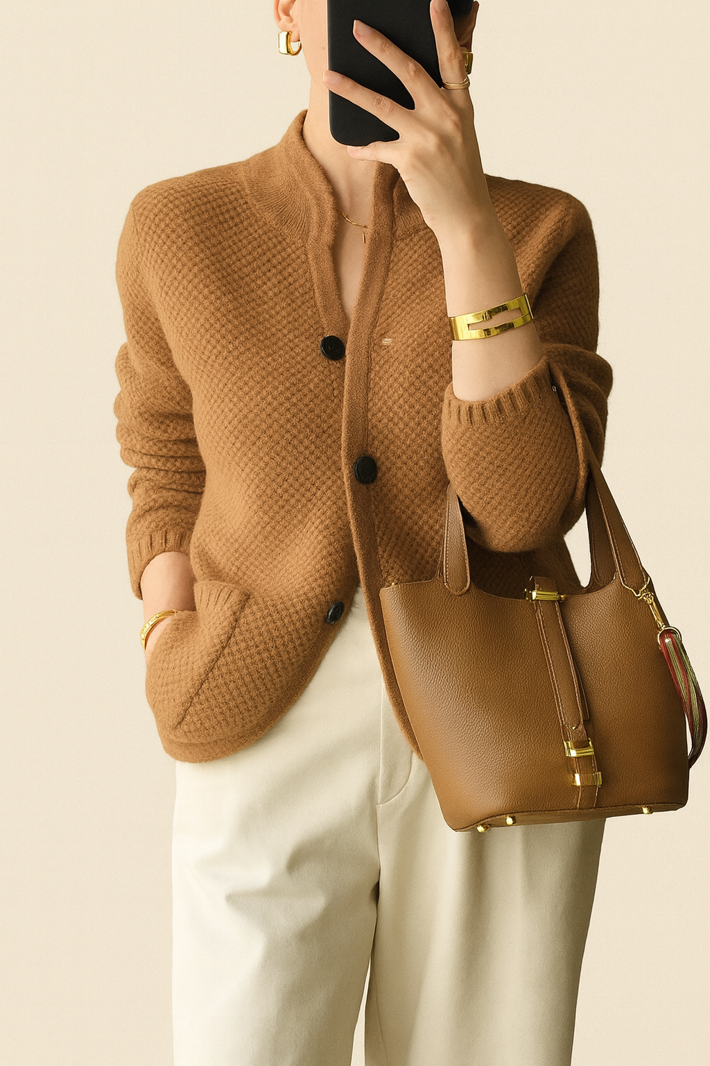 Beige Stand Collar | Women's Slim Fit Cardigan | Button Front Spring Style