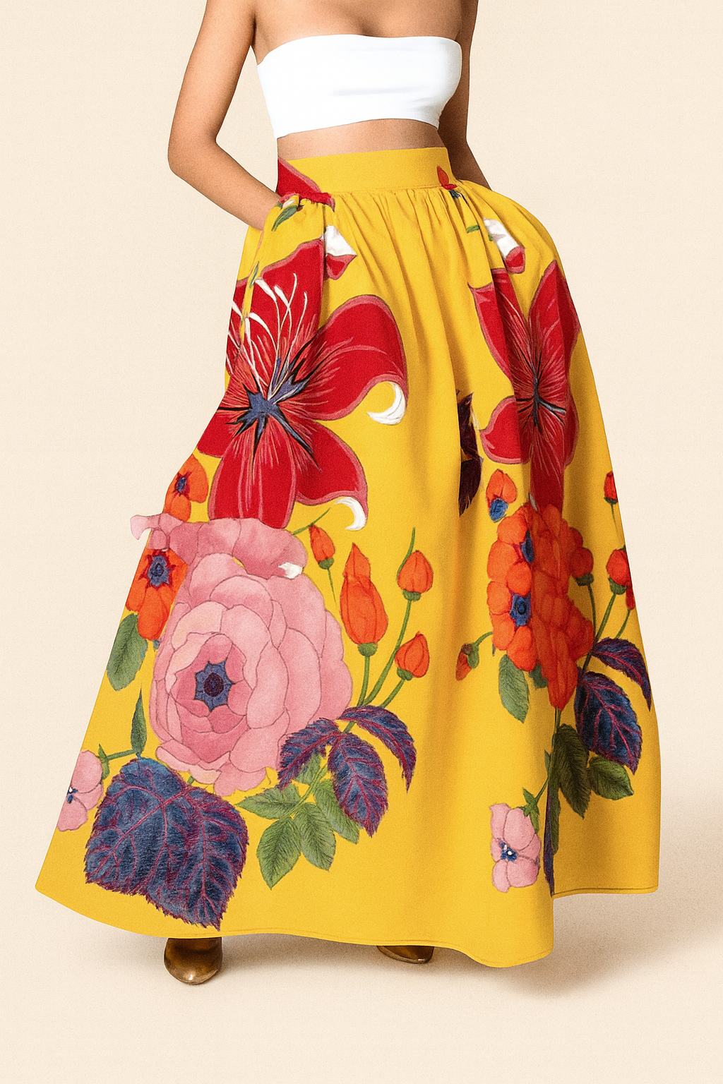 Bohemian Yellow Floral Skirt | Women's High Waist A-Line Skirt | Maxi