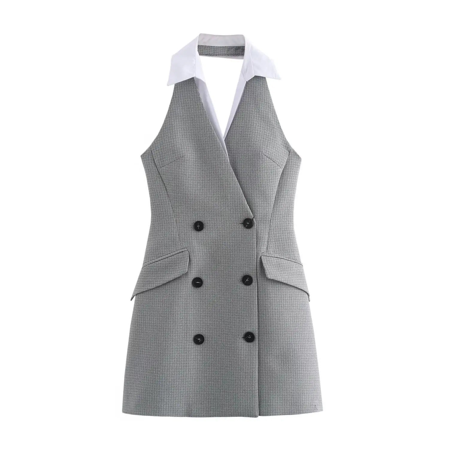 Lana | Grey Sleeveless Mini Dress with Turn-Down Collar and Double-Buttoned Detail