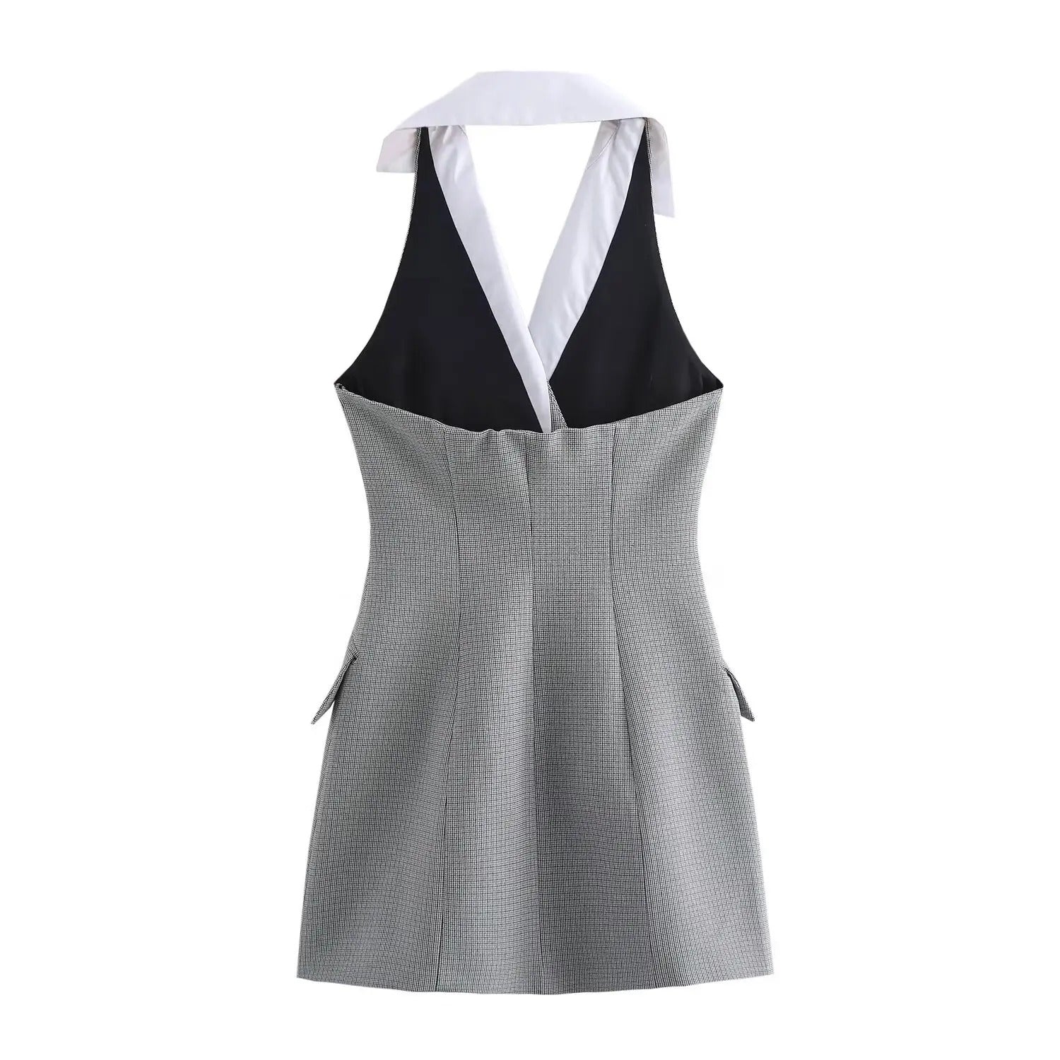 Lana | Grey Sleeveless Mini Dress with Turn-Down Collar and Double-Buttoned Detail