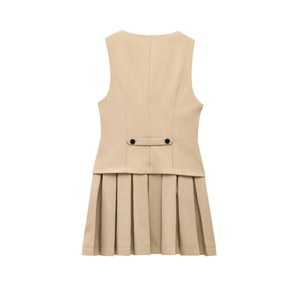 Selena | Sleeveless V-Neck Mini Dress with Front Button & Pleated Design