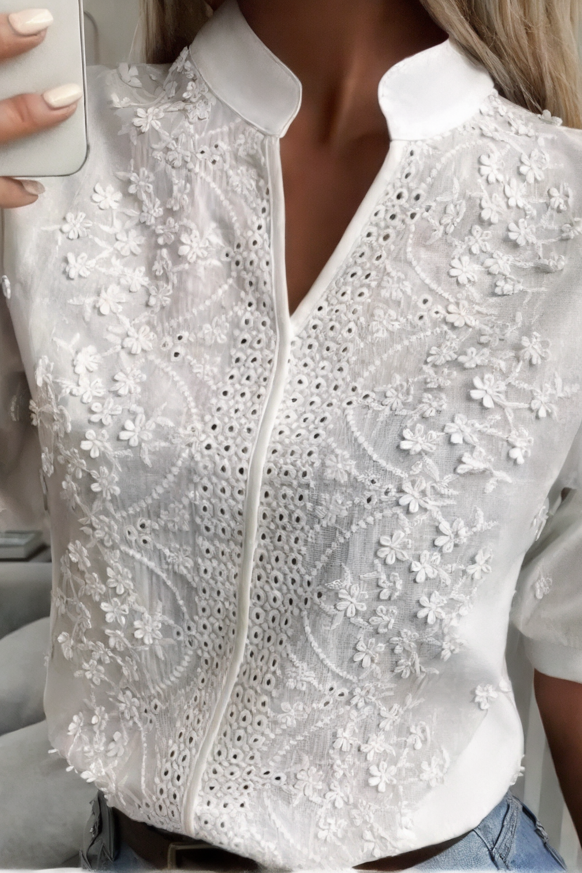 Aurevia | Women's Embroidered V-Neck Shirt | Lantern Sleeve